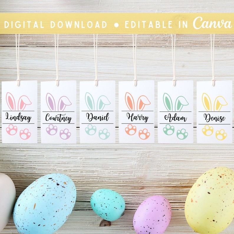 May include: Six printable Easter gift tags with bunny ears and paw prints. The tags are in various pastel colors and feature the names Lindsay, Courtney, Daniel, Harry, Adam, and Denise.