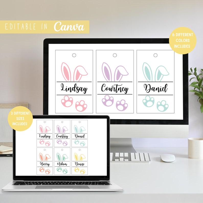 May include: Editable Easter bunny gift tags in six different colors. The tags feature bunny ears and paw prints. The text "Lindsay", "Courtney", and "Daniel" are on the tags.