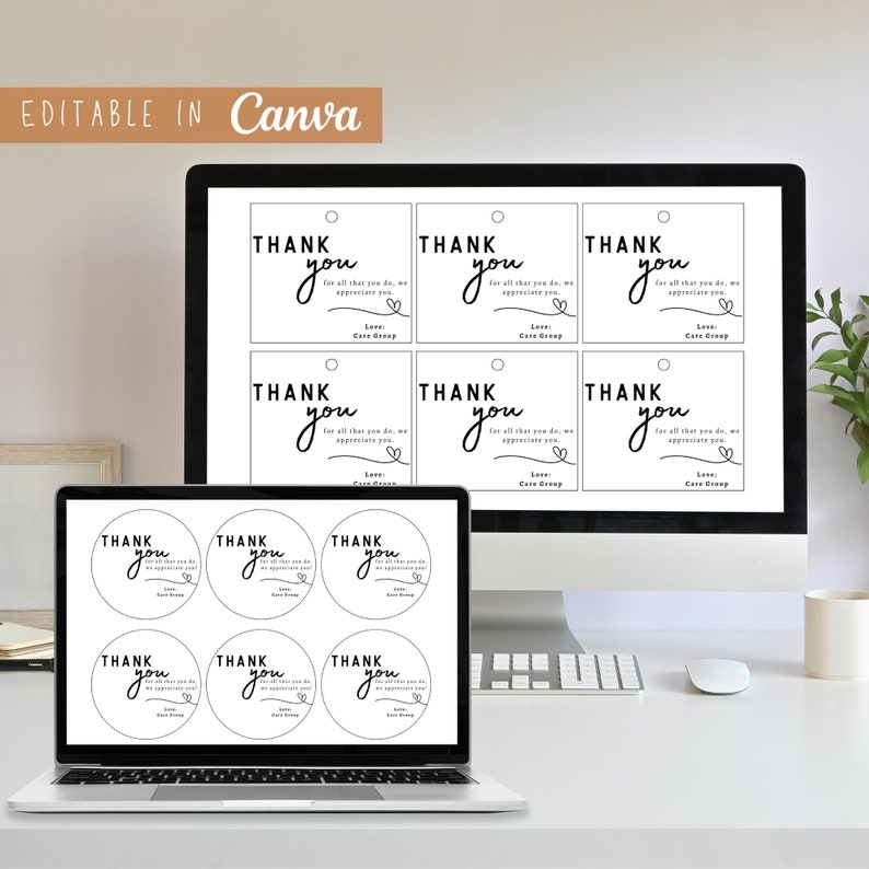 May include: A computer screen displaying a Canva design template for printable thank you tags. The design features a simple black and white script font with the text "THANK YOU" and a small heart. The tags are available in two sizes: round and rectangular.