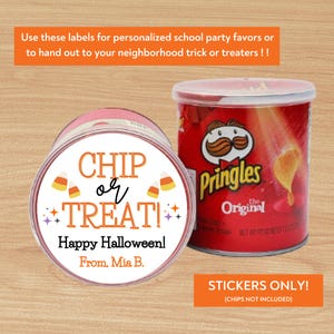 May include: Round orange, white, and purple Halloween treat bag label with the text "CHIP or TREAT! Happy Halloween! From, Mia B."