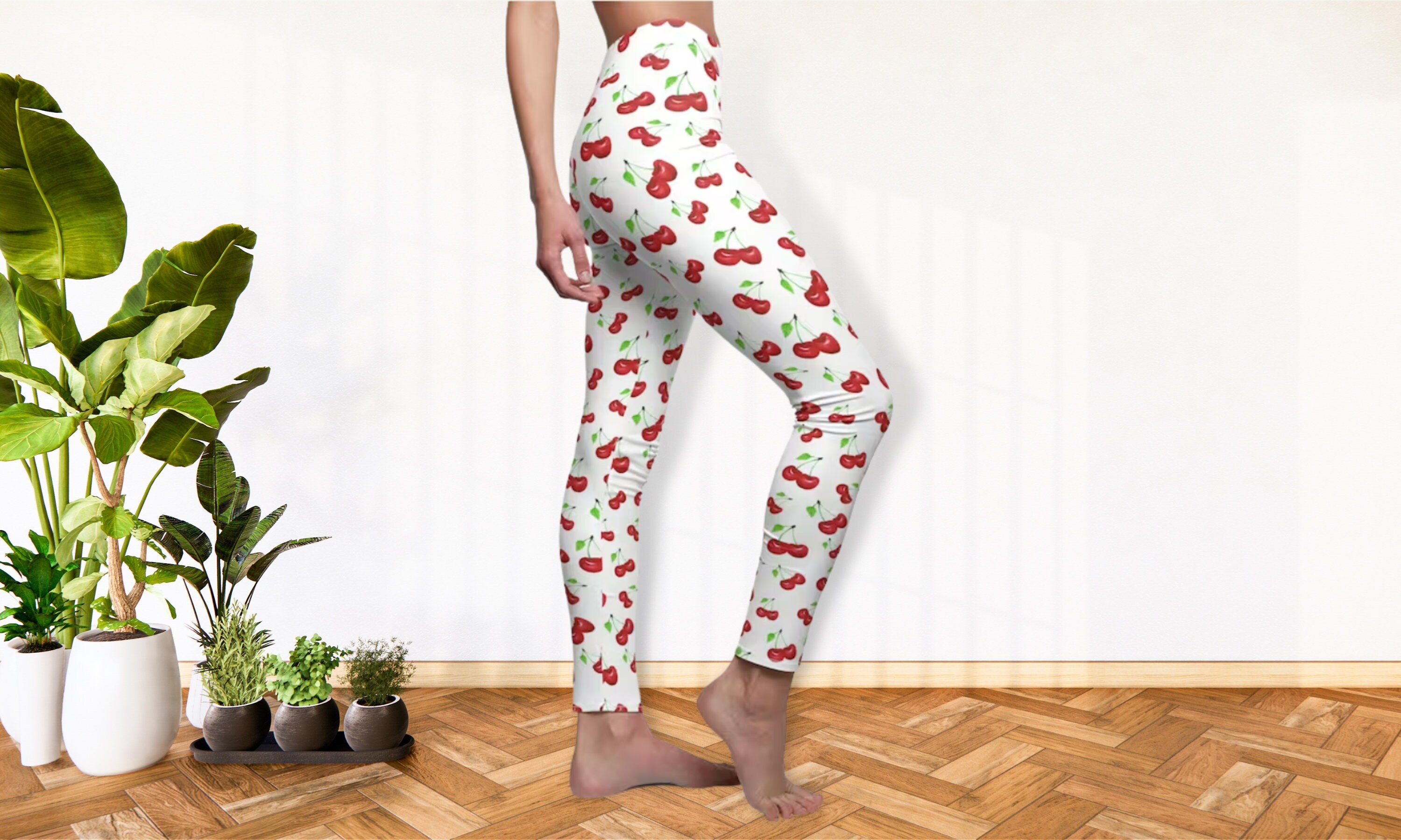 Watercolor Cherry Yoga Pants Leggings White Watercolor Cherry Print ...
