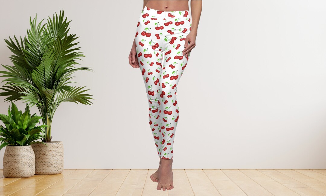 Watercolor Cherry Yoga Pants Leggings- White Watercolor Cherry Print ...
