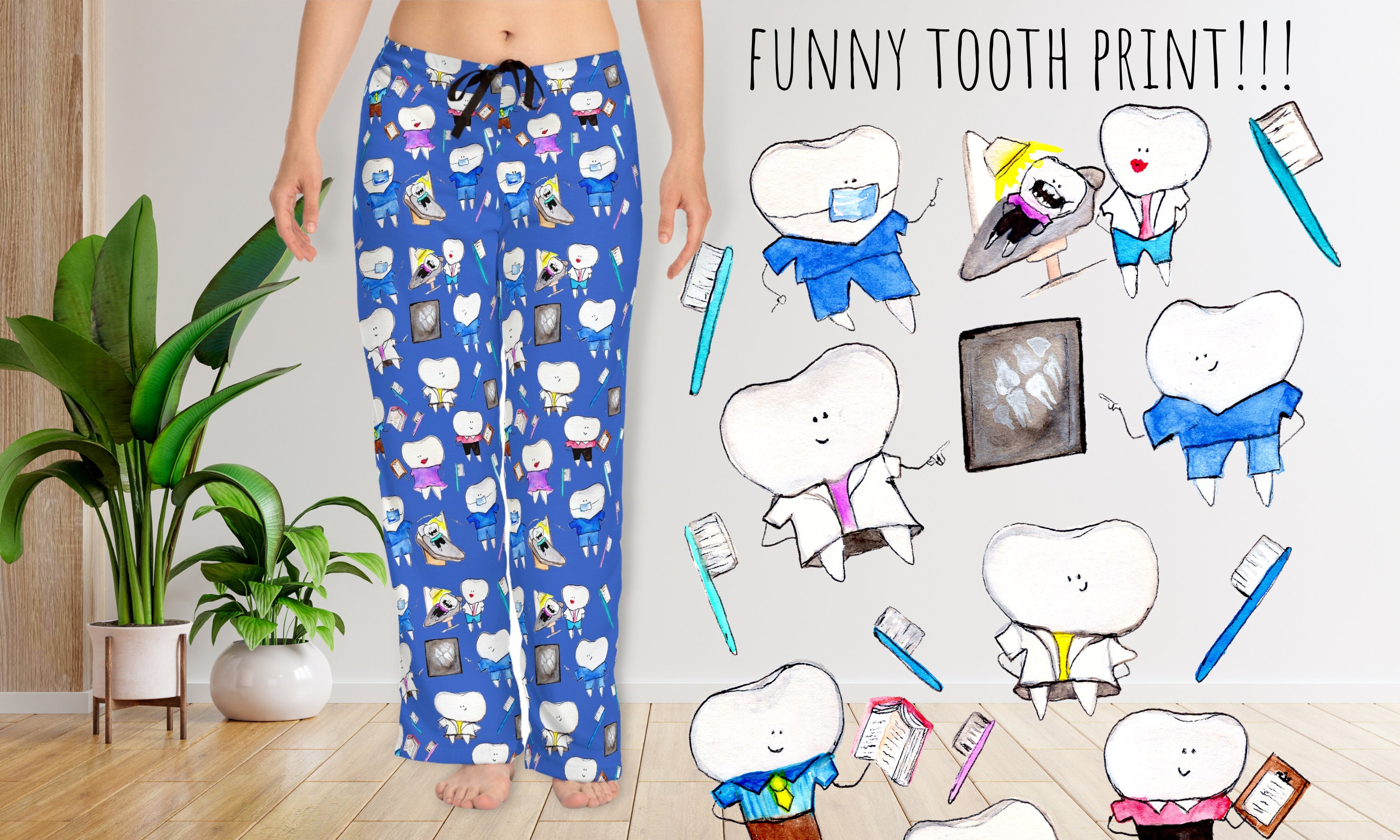 Blue Tooth Print Pajama Pants for Women Teeth Print Pajamas Cartoon