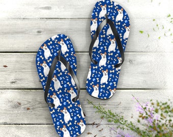 Watercolor Dog Print Flip Flops Blue Flip-Flops for Men or Women Blue Sandals with Dogs and Dog Bones Puppy Print Flip-Flops for Him or Her