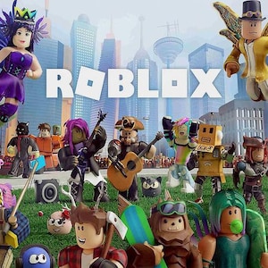 May include: A colorful illustration of a group of Roblox avatars in a city setting. The word "ROBLOX" is displayed in large white letters against a cityscape background. The avatars are diverse and engaging in various activities, including playing music, skateboarding, and fishing.