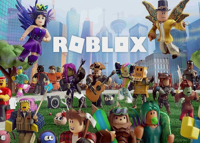 May include: A colorful illustration of a group of Roblox avatars in a city setting. The word "ROBLOX" is displayed in large white letters against a cityscape background. The avatars are diverse and engaging in various activities, including playing music, skateboarding, and fishing.