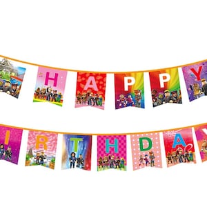 May include: A colorful banner with the words "Happy Birthday" in a rainbow font. The banner is decorated with images of characters from the popular online game Roblox.