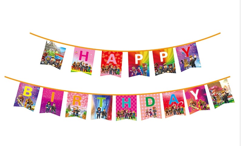 May include: A colorful banner with the words "Happy Birthday" in a rainbow font. The banner is decorated with images of characters from the popular online game Roblox.