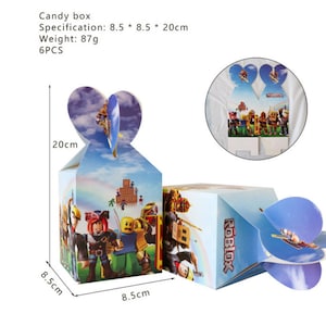 May include: Six blue and white cardboard party favor boxes with a Roblox theme. The boxes are shaped like a heart and feature a colorful image of Roblox characters. The boxes measure 8.5 inches by 8.5 inches by 20 inches.