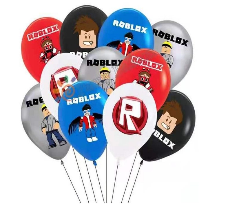May include: A bunch of 10 colorful latex balloons with Roblox logos and characters. The balloons are red, blue, white, black, and silver.