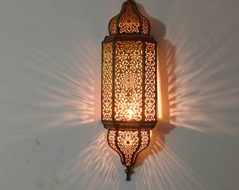 Moroccan Handmade Brass Wall Sconce, Geometric Floral Design