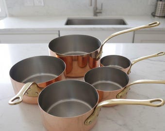 Vintage Moroccan Red Copper Cookware Set – 5-Piece Tin-Lined Pots, Cast Iron Handles