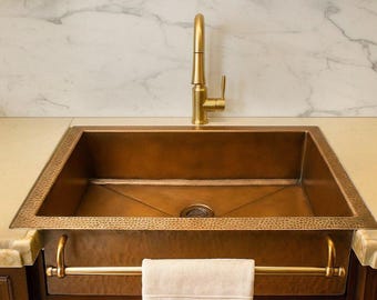 Handmade Marrakech Hammered Copper Kitchen Sink – Solid Yellow Farmhouse Basin Brass Faucet Compatible