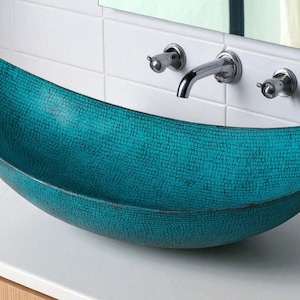 Handmade Moroccan Copper Sink: Turquoise Patina Washbasin (90cm x 28cm x 13cm)