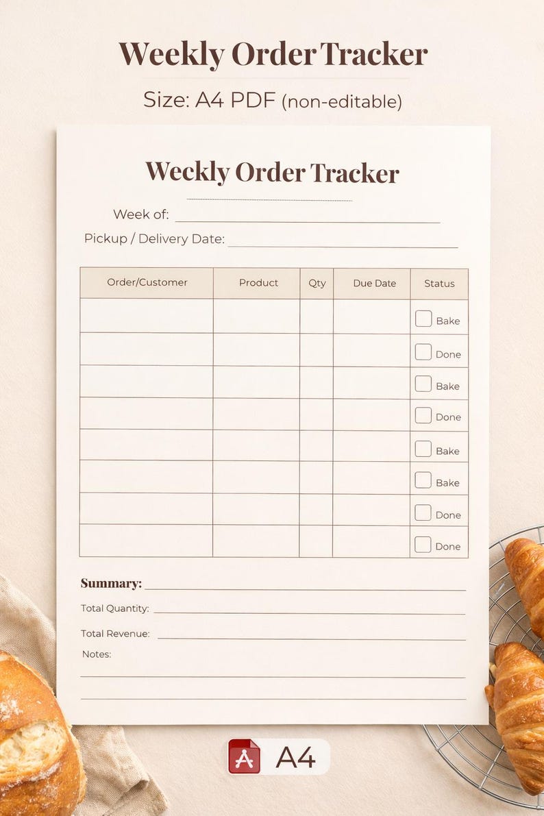 Bakery Order Tracker Printable | Weekly Planner, Small Business (A4 ...