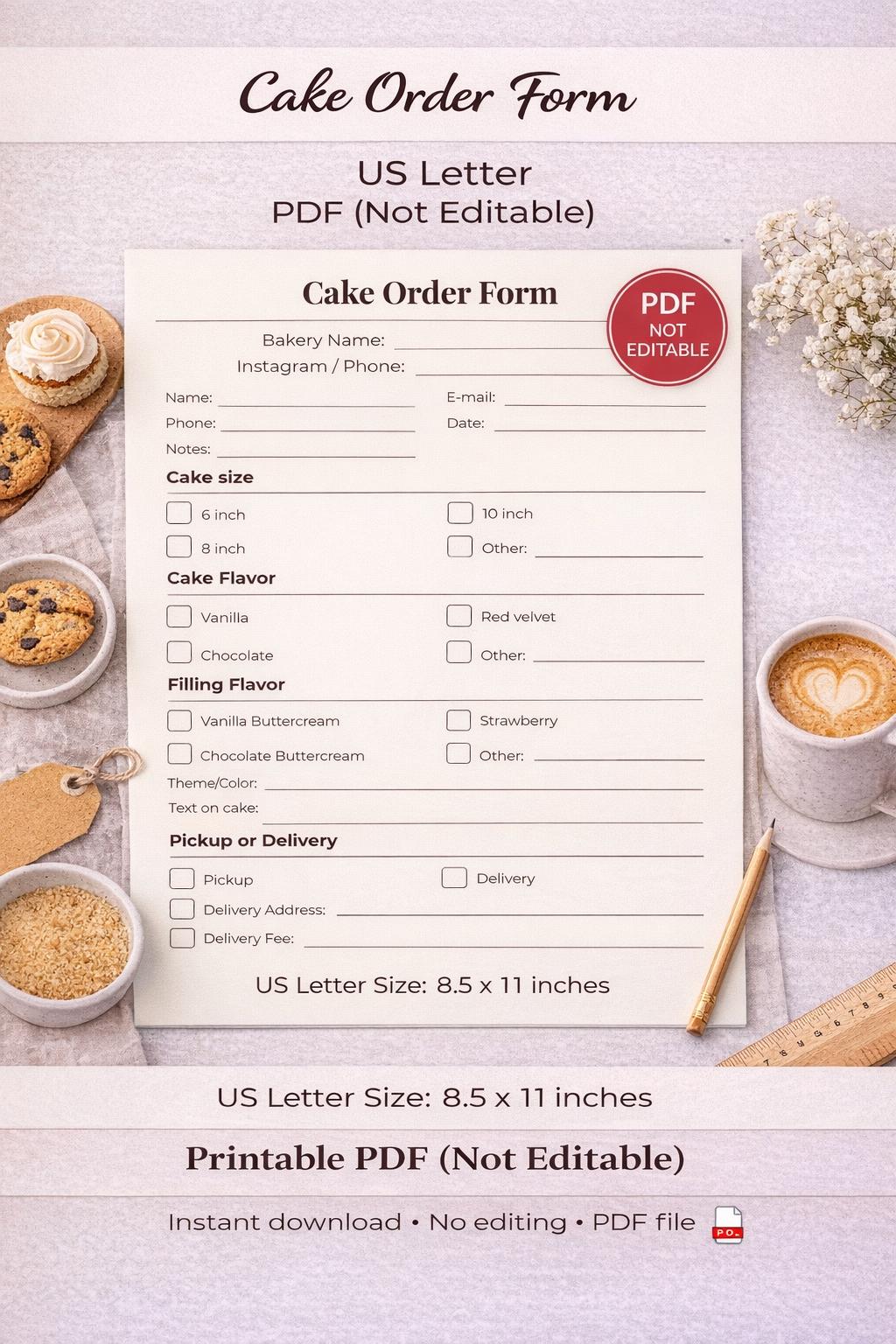 Cake Order Form Printable PDF | Bakery Order Sheet | Custom Cake Order ...