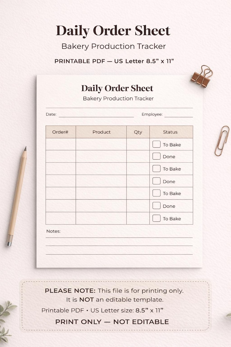 Bakery Order Sheet | Printable Production Tracker (A4 & US Letter PDF ...