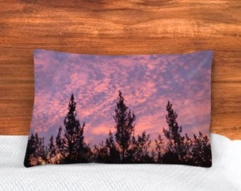 Pillowcase w/ Trees & Sunset Made in UK, Aesthetic Clouds Pillow Cover, Nature Inspired Bedroom Décor, Woodland Themed Bedding