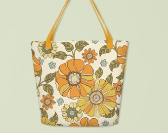 Retro Blumen Einkaufstasche, 16 "x 50" großer botanischer Druck Shopper, Natur inspirierte Schultertasche, niedliche Blumen Carryall, Frühling Buch Tasche