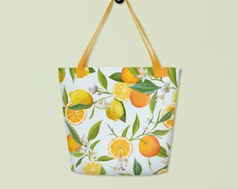 16x20 Oranges and Lemons Tote With Inner Pocket, Floral Citrus Fruit Beach Bag, Plant Leaf Shopper, Nature Shoulder Bag, Botanical Carryall