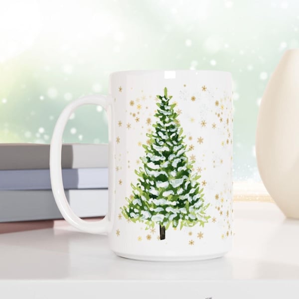 Winter Tree Mug, Holiday Coffee Mug, Large Christmas Tree Coffee Cup, Aesthetic Tree Mug, Gold Snowflakes Mug, Watercolor Christmas Tree