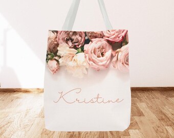 Personalisierte Brautjungfern Tasche, Benutzerdefinierte Blumen Schultertasche, Brautparty Tote mit rosa Rosen, Junggesellinnenabschied Geschenk, Botanische Shopper