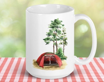 Tent Camping Mug, Wilderness Trees Coffee Cup, Outdoor Adventure Gifts, Woodland Cabin Decor, Rustic Landscape Drinkware, Forest Teacup