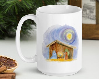Baby Jesus Mug, Nativity Scene Coffee Mug, Manger Scene Mug, Christian Christmas Coffee Cup, Religious Gift, Watercolor Nativity Mug