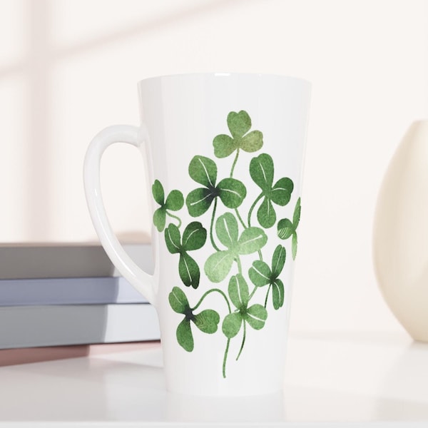 Clover Shamrock Tall Latte Mug, Green Botanical Irish Coffee Cup, Large Spring Tea Cup, St Patrick's Day Drinkware, Nature Themed Kitchen