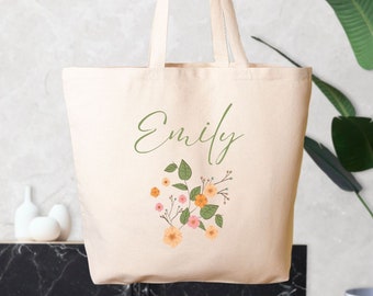 Personalized Tote, Bridesmaids Bag, Custom Floral Shoulder Bag, Bridal Party Tote, Nature Themed Gifts, Cotton Canvas Shopper