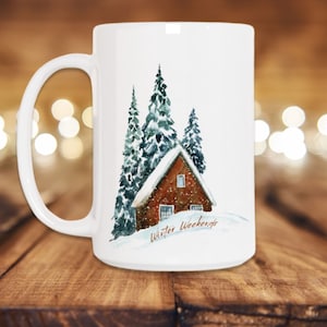 Woodland Cabin Mug, Winter Mug, Christmas Coffee Cup, Large Holiday Mug, Kitchen Decor, Cute Tree Coffee Mug, Woodland Mug Gift