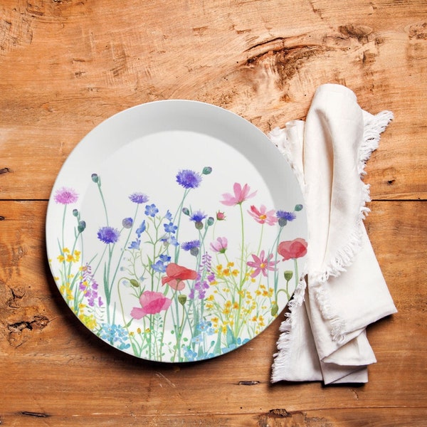 Set of 7.5" Floral Plastic Plates, Made in UK, Wildflower Party Décor, Shatterproof Summer Plate Set, Nature Inspired Outdoor Tableware