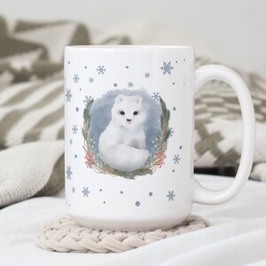 Arctic Fox Mug, Winter Fox Mug, Woodland Animal Coffee Mug, Woodland Holiday Mug, Cabin Decor, Snow Aesthetic Coffee Cup, Animal Lover Gift