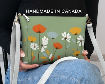 Vegan Leder Crossbody Geldbörse, Floral handgemachte Schultertasche mit verstellbarem Riemen, Brautjungfern Taschen, Kunstleder Reißverschluss Geldbörse für Frauen