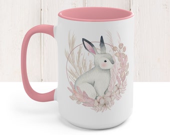 Boho Animal Mug, Rabbit Coffee Mug, Bunny Mug, Boho Floral Mug, Pink Bunny Coffee Cup, Gift For Mom, Pink Accent Mug, Cute Mugs Aesthetic