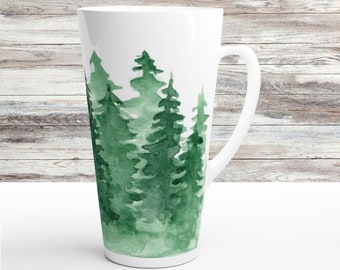 Woodland Trees Tall Latte Mug, 17oz  Green Forest Coffee Cup, Watercolor Woodsy Pine Drinkware, Ceramic Rustic Evergreen Large Tea Cup