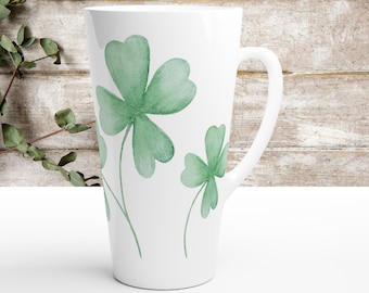 Clover Shamrock Tall Latte Mug, Green Botanical Irish Coffee Cup, Charming Large Tea Cup, St Patrick's Day Drinkware, Nature Themed Kitchen
