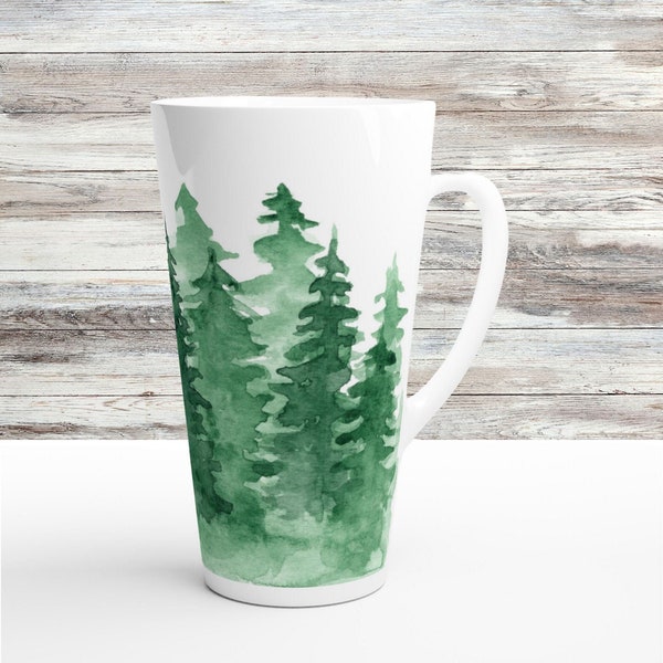 Woodland Trees Tall Latte Mug, 17oz  Green Forest Coffee Cup, Watercolor Woodsy Pine Drinkware, Ceramic Rustic Evergreen Large Tea Cup