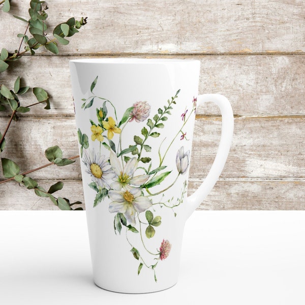 Tazza da latte alta con fiori di camomilla, tazza da tè grande con fiori di campo primaverili, tazza da caffè floreale piuttosto botanica, bicchieri ispirati alla natura