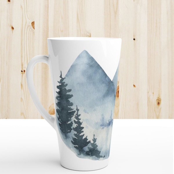 Woodland Trees Tall Latte Mug, 17oz  Mountain Forest Coffee Cup, Nature Woodsy Pine Drinkware, Ceramic Rustic Evergreen Large Tea Cup