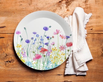 Set di piatti di plastica floreali da 7,5", Prodotto nel Regno Unito, Decorazioni per feste con fiori di campo, Set di piatti estivi infrangibili, Stoviglie per esterni ispirate alla natura