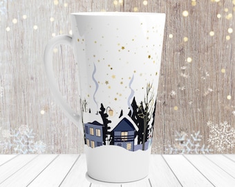 Winter Houses Mug, 17oz Tall Latte Mug, Winter Village Mug, Winter Themed Tall Mug, Christmas Town Mug, Large Holiday Coffee Cup,Winter Gift