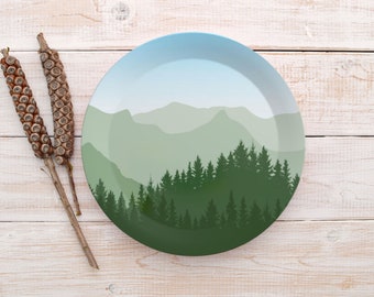 Set of 7.5 &quot; Mountain Plastic Plates, Evergreen Tree Party Décor, Shatterproof Summer Party Plate Set, Nature Inspired Outdoor Tableware