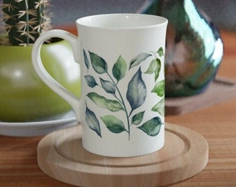 Porcelain 10oz Botanical Mug, Pretty Leaves Tea Cup, Small Coffee Cup, Garden Lover Gift, Dainty Drinkware, lightweight Coffee Mug