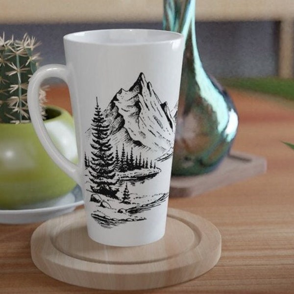 Woodland Trees Tall Latte Mug, 17oz  Mountain Forest Coffee Cup, Nature Woodsy Pine Drinkware, Ceramic Rustic Evergreen Large Tea Cup