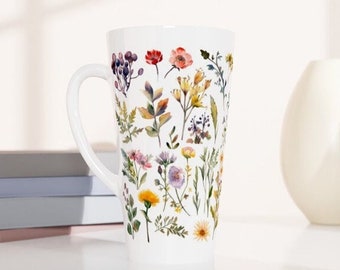 Floral hohe Latte Tasse, botanische Kaffeetasse, große Frühlingsteetasse, Keramik-Trinkgeschirr, Blumen-Themen-Küche, Wildblumen-Dekor