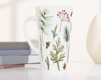 Woodland Greenery Tall Latte Mug, 17oz  Evergreen Branches Coffee Cup,  Woodsy Pine Drinkware, Ceramic Winter Rustic Large Tea Cup