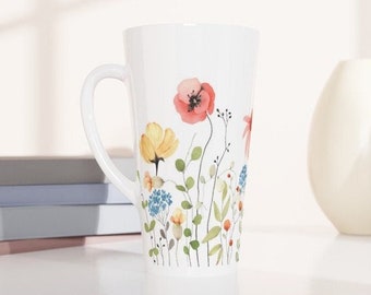 Floral hohe Latte Tasse, botanische Kaffeetasse, große Frühlingsteetasse, Keramik-Trinkgeschirr, Blumen-Themen-Küche, Wildblumen-Dekor