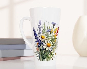 Wildflower Tall Latte Mug, Botanical Coffee Cup, Large Floral Spring Tea Cup, Ceramic Drinkware, Flower Themed Kitchen Decor