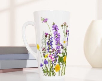 Wildflower Tall Latte Mug, Botanical Coffee Cup, Large Spring Tea Cup, Ceramic Drinkware, Flower Themed Kitchen Decor